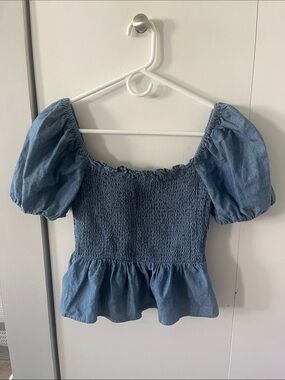J. Crew Denim-Blue Smocked Puff Sleeve Peplum Top